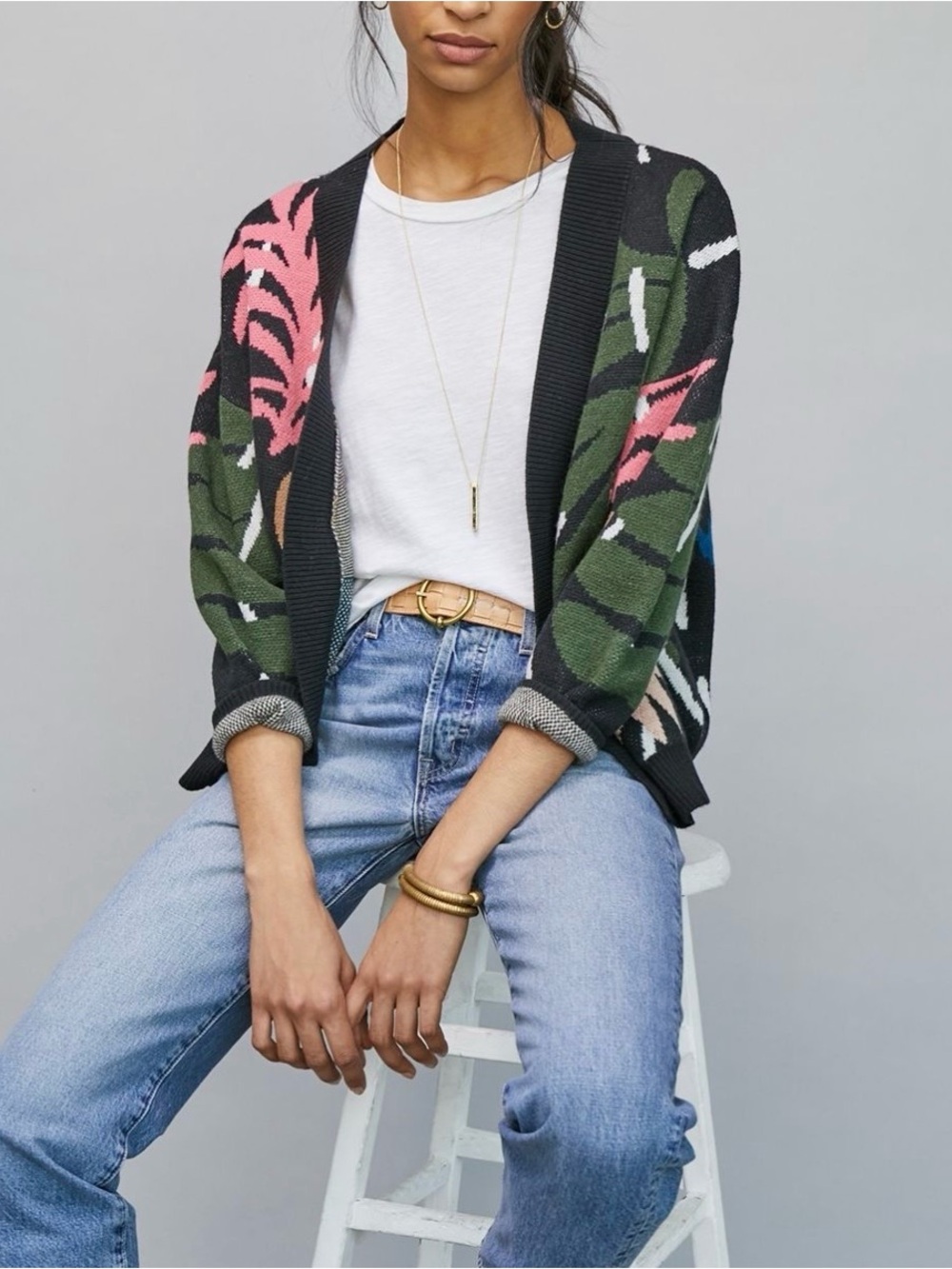 Anthropologie Black Floral-Pattern Open Cardigan with Green & Pink Accents